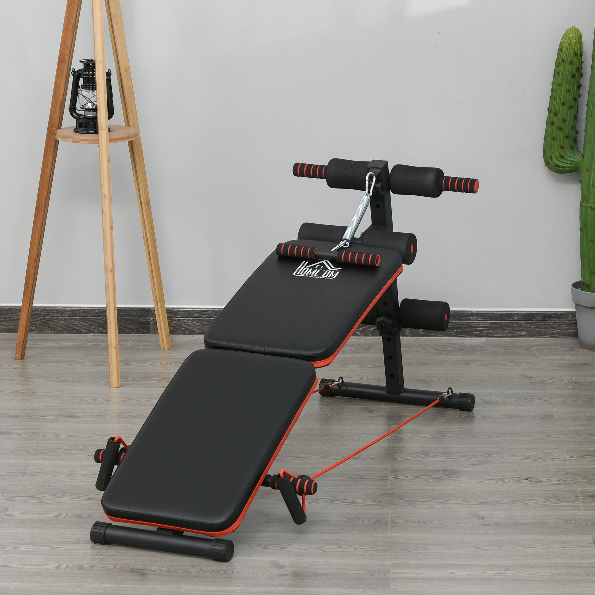 Sit Up Bench Abdominal Trainer with Training Ropes Workout Bench Multifunction Adjustable & Foldable 110 kg Capacity Steel Black+Red 137 x 51 x 50-66 cm
