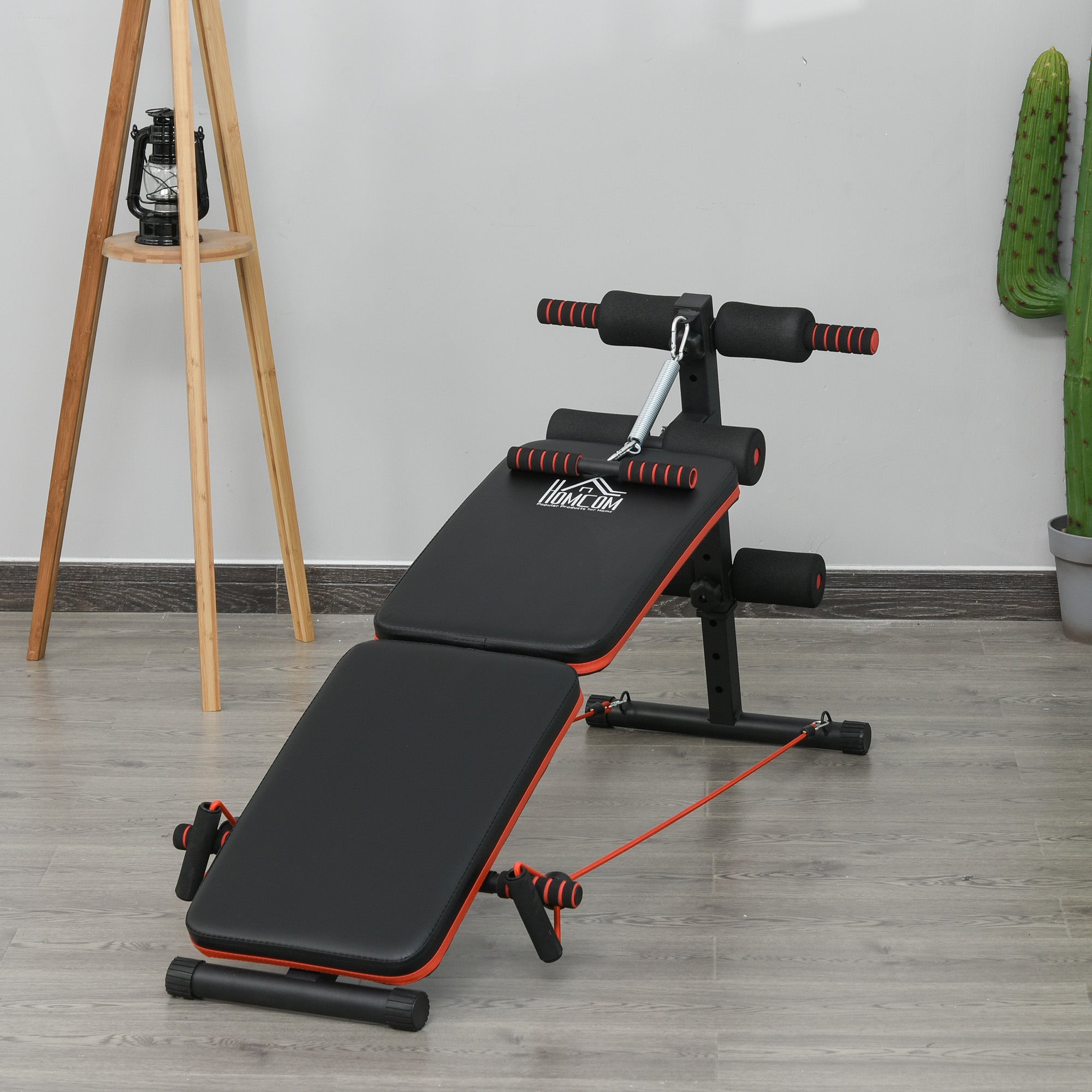 Sit Up Bench Abdominal Trainer with Training Ropes Workout Bench Multifunction Adjustable & Foldable 110 kg Capacity Steel Black+Red 137 x 51 x 50-66 cm