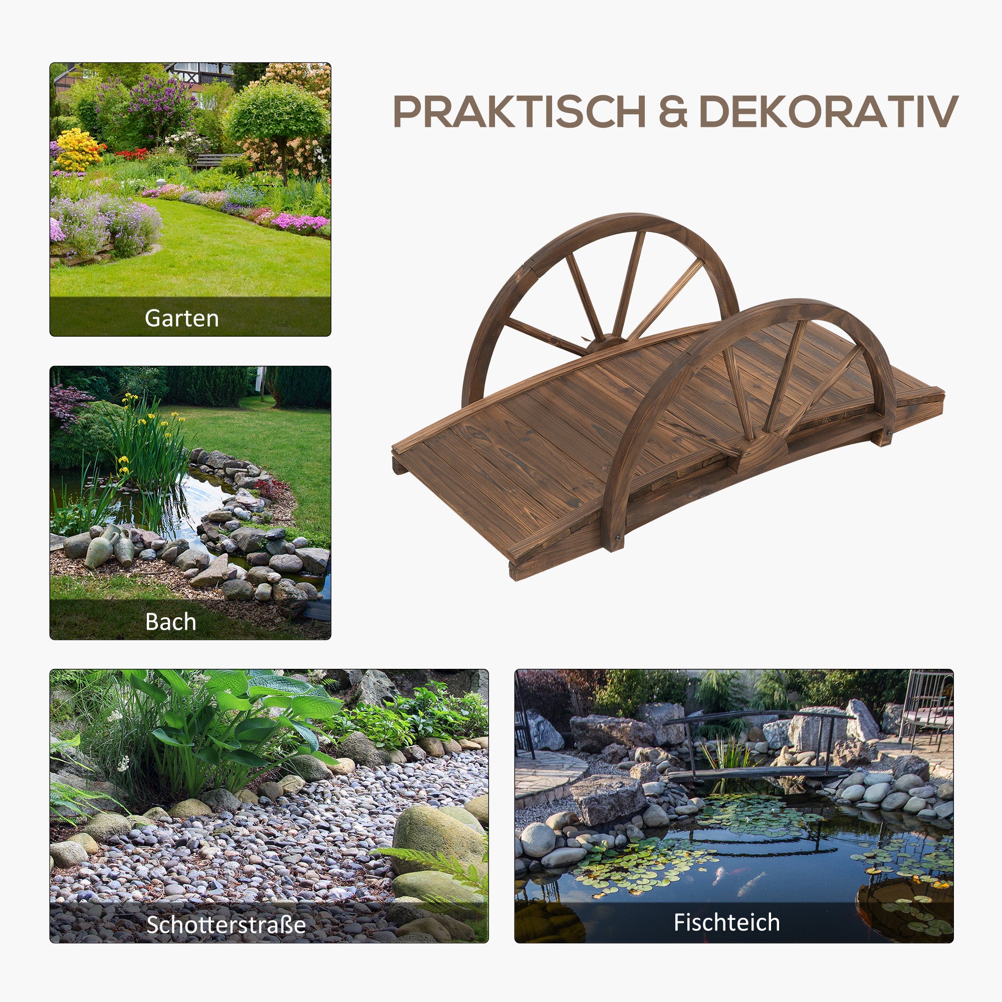 Wooden Garden Bridge with Wheel Design, Pond Bridge up to 150 kg Load Capacity, Decorative Bridge, Garden Park Backyard 100 x 50 x 37 cm Charcoal