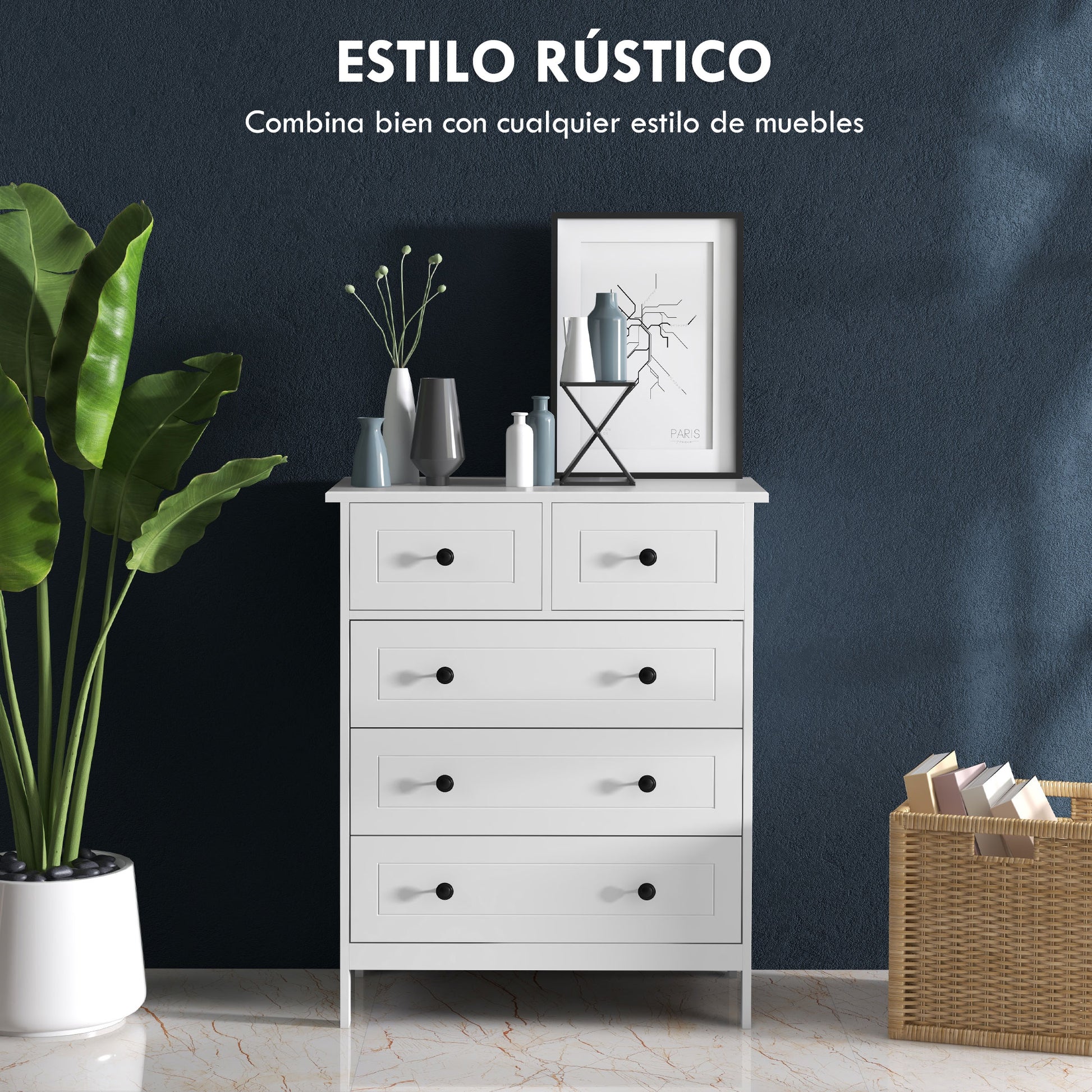 White 5-Drawer Bedroom Dresser with Handles Tall Dresser for Living Room Office Study Modern Style 74x40x91 cm