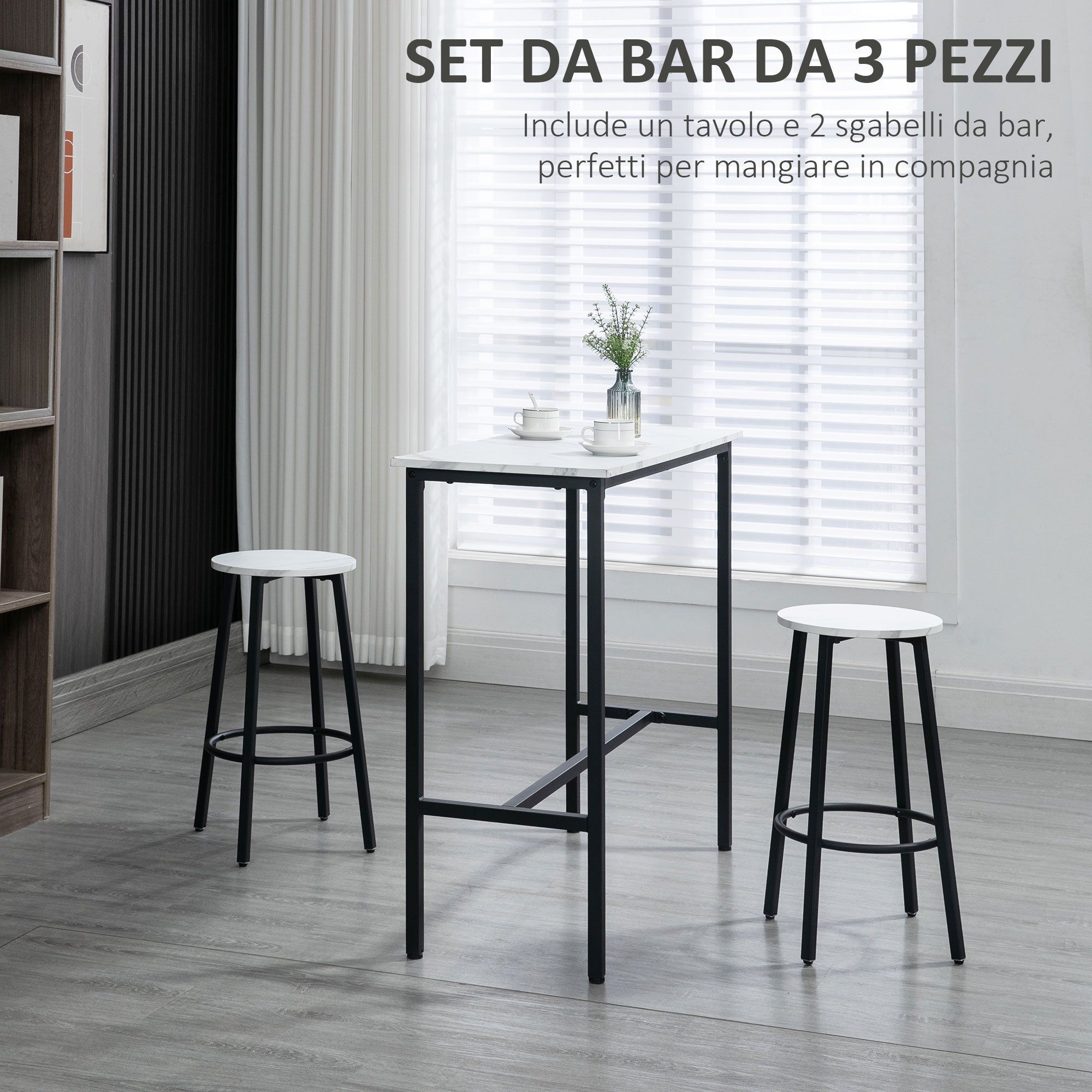 3-Piece Chipboard, MDF, and Steel Table and Chairs Set with Rectangular Table and 2 Bar Stools for Living Room and Dining Room, White and Black