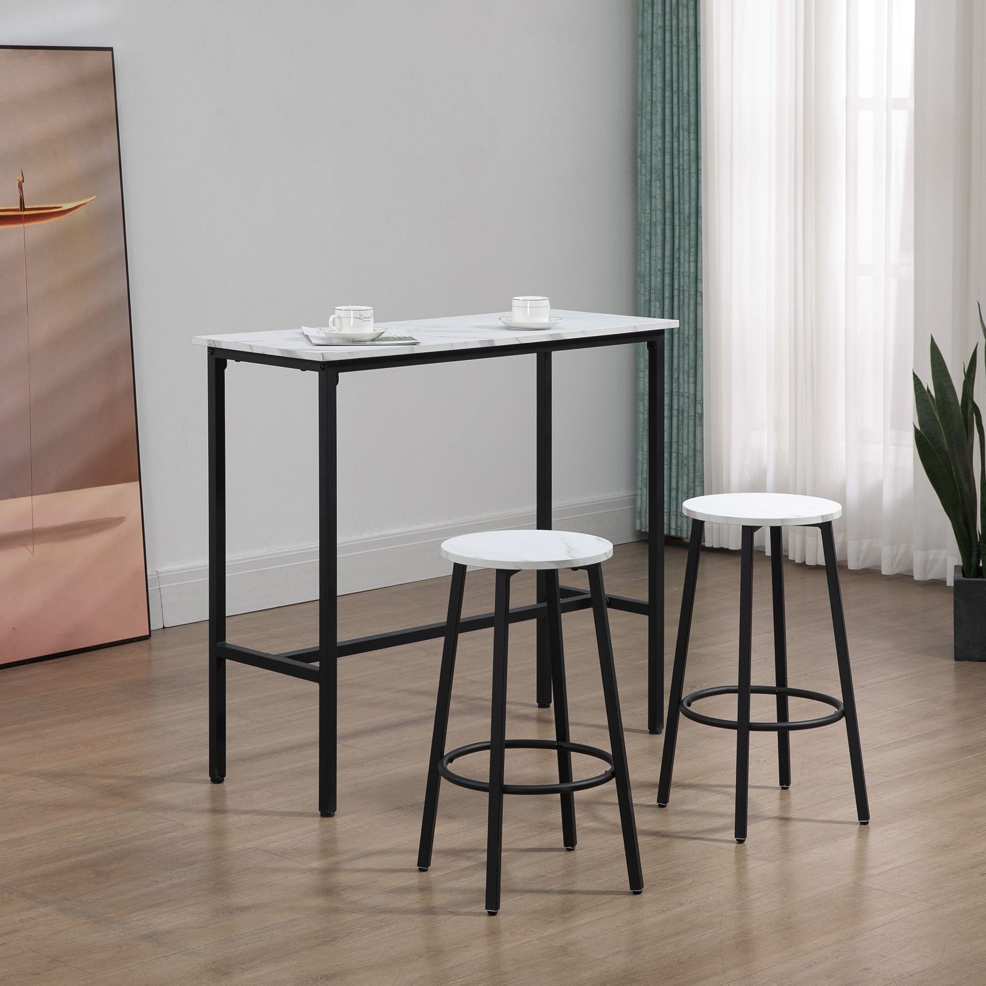 3-Piece Chipboard, MDF, and Steel Table and Chairs Set with Rectangular Table and 2 Bar Stools for Living Room and Dining Room, White and Black