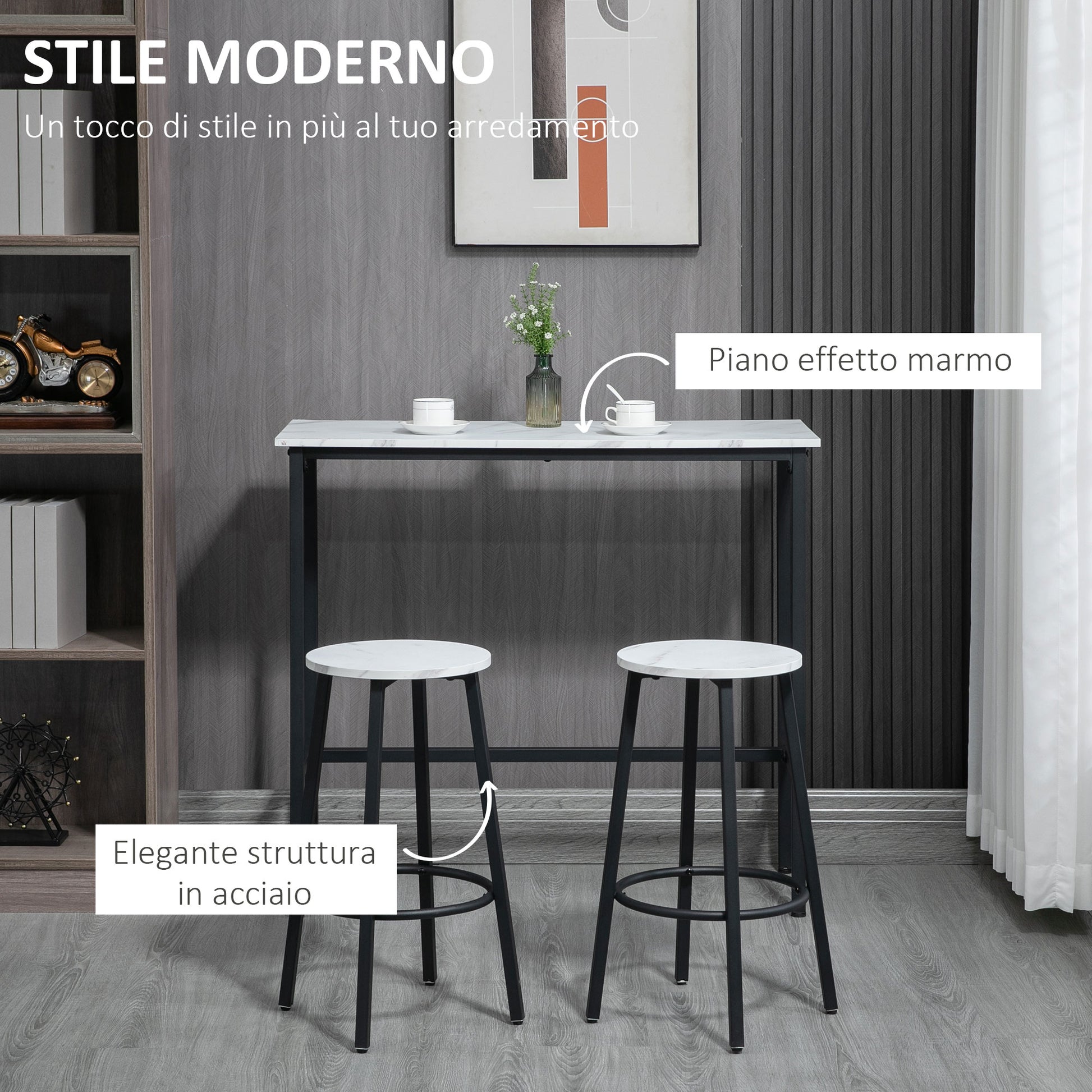 3-Piece Chipboard, MDF, and Steel Table and Chairs Set with Rectangular Table and 2 Bar Stools for Living Room and Dining Room, White and Black