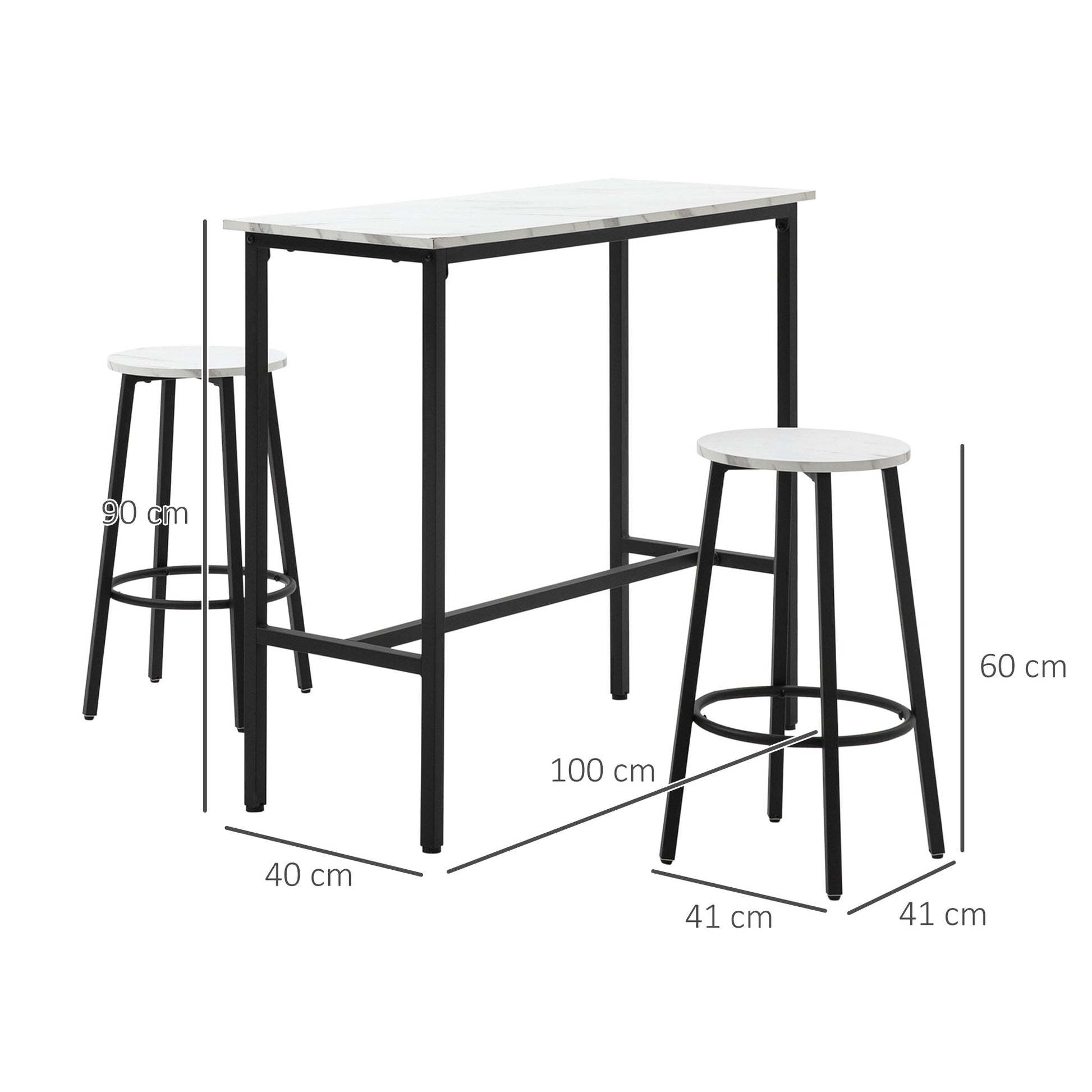 3-Piece Chipboard, MDF, and Steel Table and Chairs Set with Rectangular Table and 2 Bar Stools for Living Room and Dining Room, White and Black