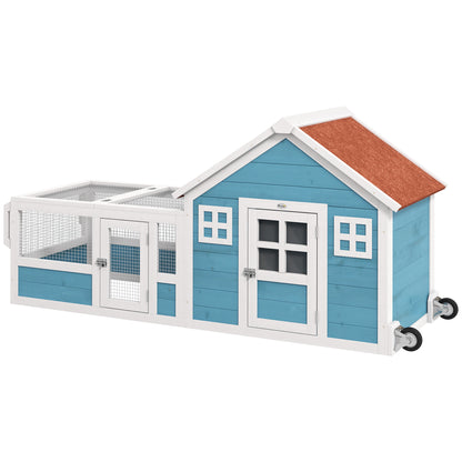 Large Outdoor Wooden Rabbit Hutch 162.5x59.2x77.6 cm Cage with 2 Decorative Windows 2 Wheels 1 Door 1 Ramp and Blue Asphalt Roof