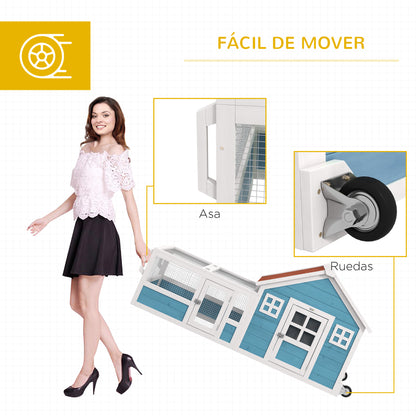 Large Outdoor Wooden Rabbit Hutch 162.5x59.2x77.6 cm Cage with 2 Decorative Windows 2 Wheels 1 Door 1 Ramp and Blue Asphalt Roof