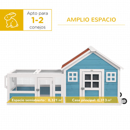 Large Outdoor Wooden Rabbit Hutch 162.5x59.2x77.6 cm Cage with 2 Decorative Windows 2 Wheels 1 Door 1 Ramp and Blue Asphalt Roof