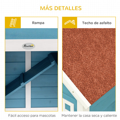 Large Outdoor Wooden Rabbit Hutch 162.5x59.2x77.6 cm Cage with 2 Decorative Windows 2 Wheels 1 Door 1 Ramp and Blue Asphalt Roof