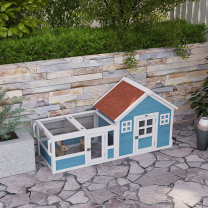 Large Outdoor Wooden Rabbit Hutch 162.5x59.2x77.6 cm Cage with 2 Decorative Windows 2 Wheels 1 Door 1 Ramp and Blue Asphalt Roof