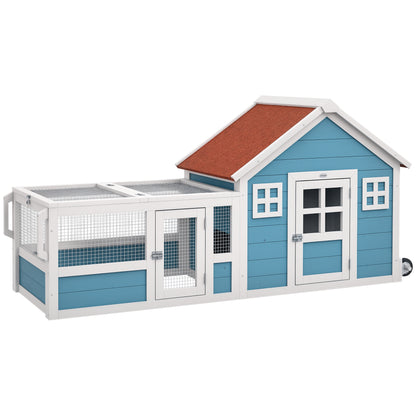Large Outdoor Wooden Rabbit Hutch 162.5x59.2x77.6 cm Cage with 2 Decorative Windows 2 Wheels 1 Door 1 Ramp and Blue Asphalt Roof