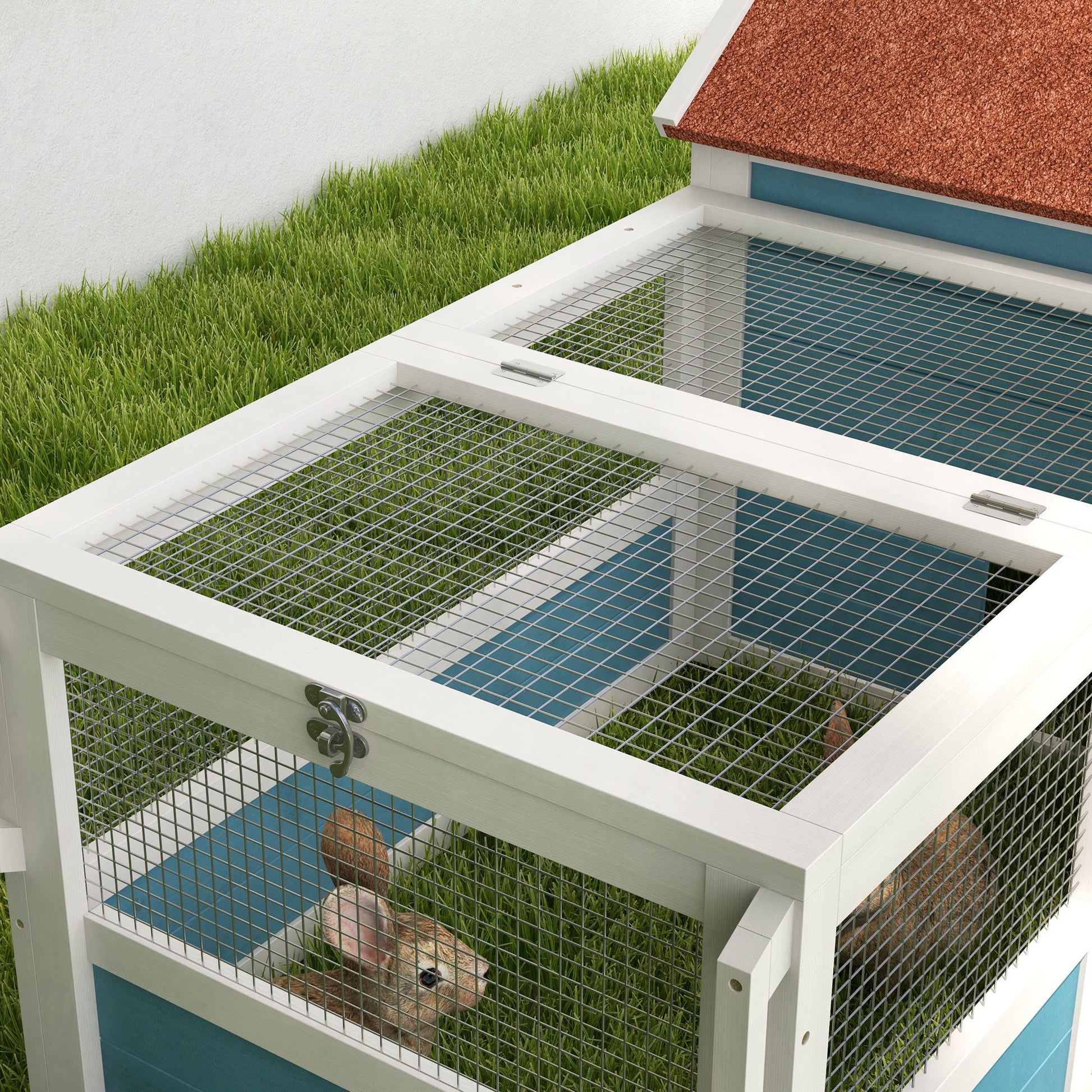 Large Outdoor Wooden Rabbit Hutch 162.5x59.2x77.6 cm Cage with 2 Decorative Windows 2 Wheels 1 Door 1 Ramp and Blue Asphalt Roof