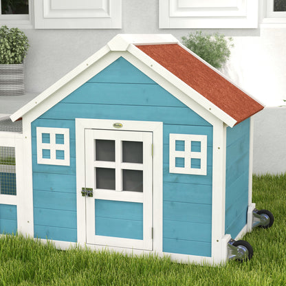 Large Outdoor Wooden Rabbit Hutch 162.5x59.2x77.6 cm Cage with 2 Decorative Windows 2 Wheels 1 Door 1 Ramp and Blue Asphalt Roof
