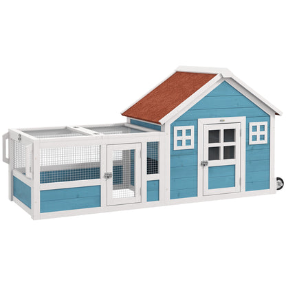 Large Outdoor Wooden Rabbit Hutch 162.5x59.2x77.6 cm Cage with 2 Decorative Windows 2 Wheels 1 Door 1 Ramp and Blue Asphalt Roof