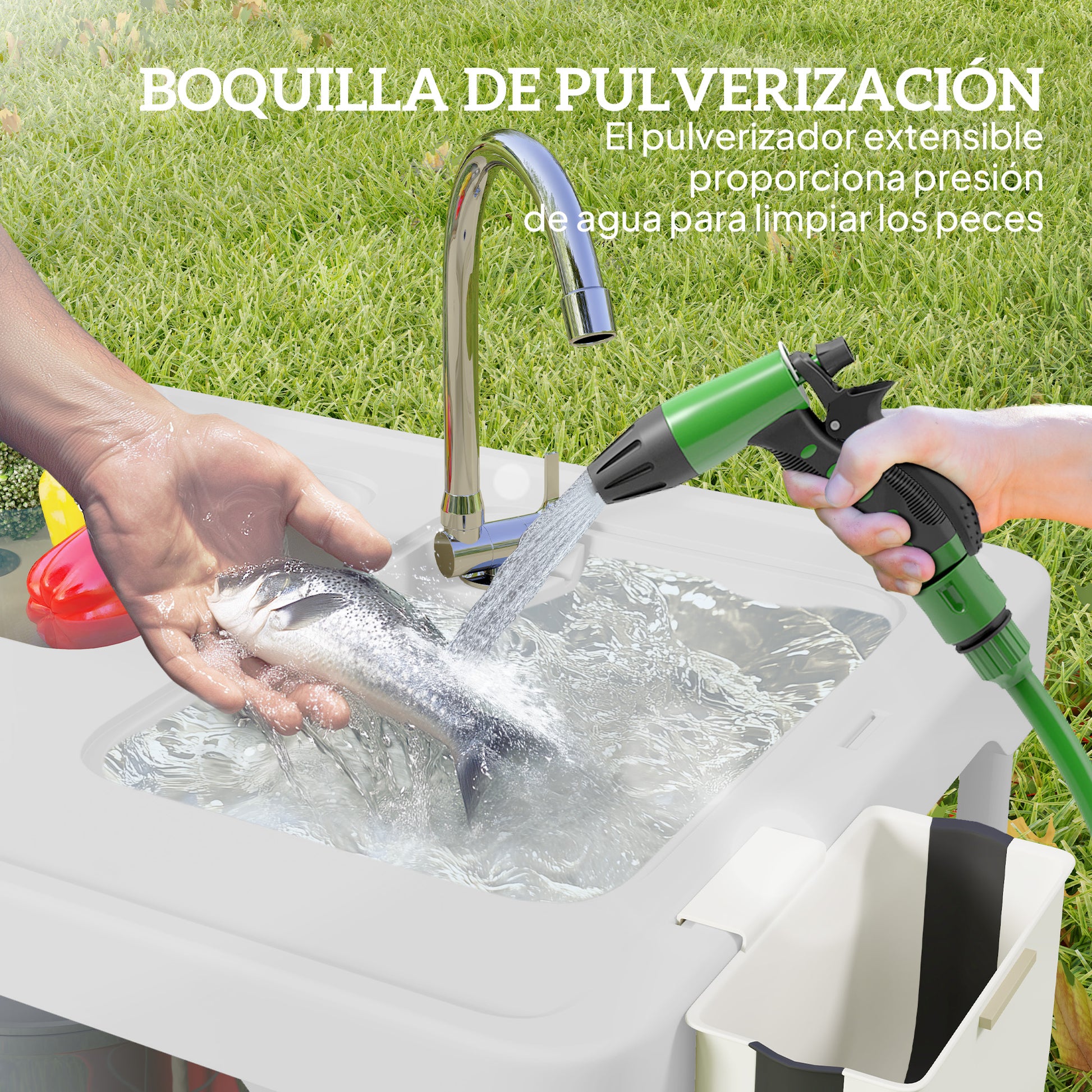 Portable Fish Cleaning Table Folding Camping Table with 2 Sinks Drainage Hose Cleaning Station and Faucet for Fishing BBQ 108x58x92 cm White