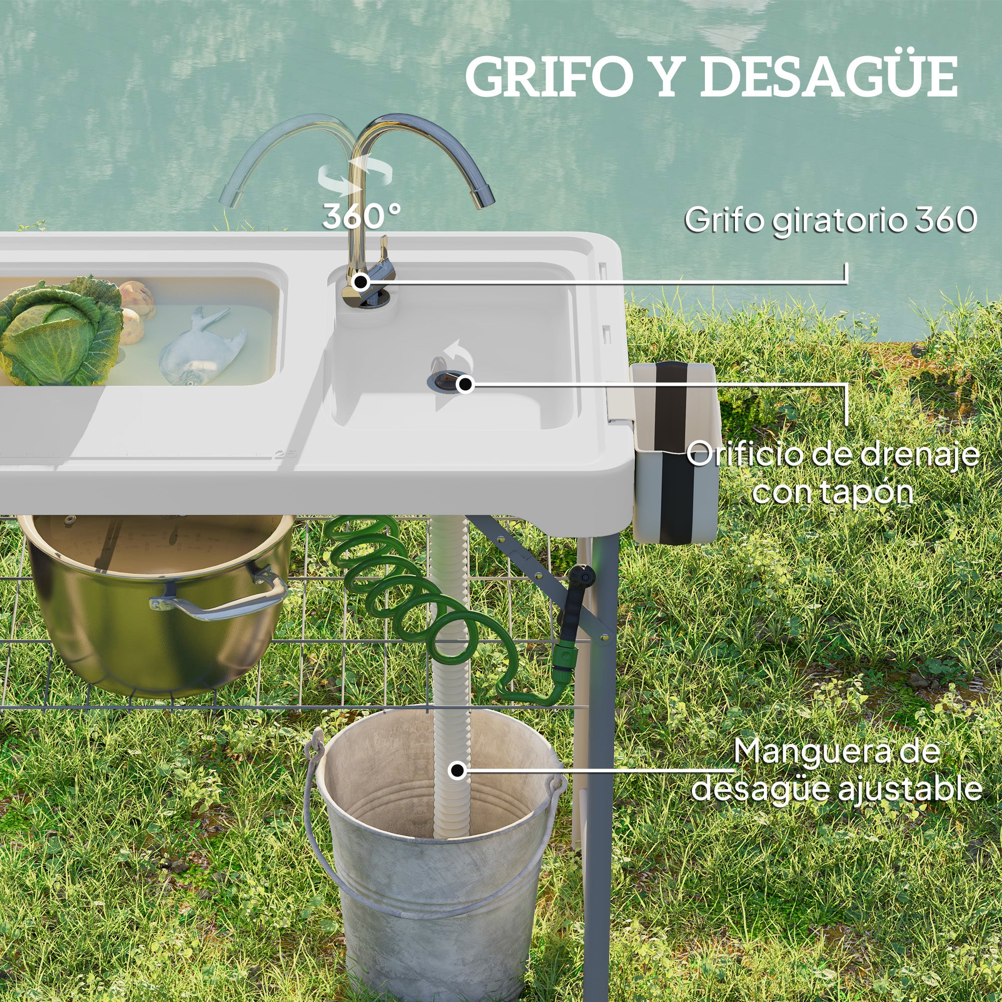 Portable Fish Cleaning Table Folding Camping Table with 2 Sinks Drainage Hose Cleaning Station and Faucet for Fishing BBQ 108x58x92 cm White