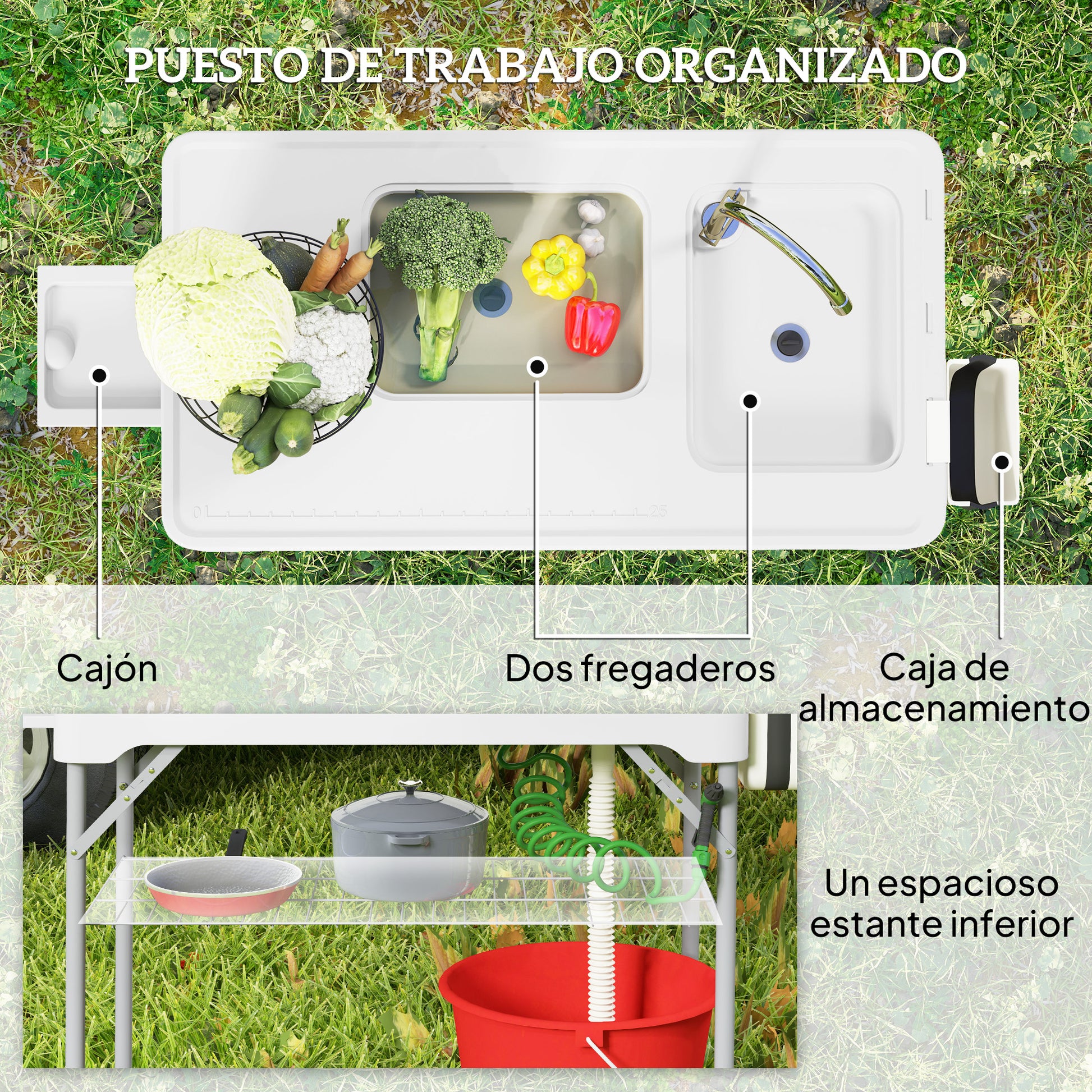 Portable Fish Cleaning Table Folding Camping Table with 2 Sinks Drainage Hose Cleaning Station and Faucet for Fishing BBQ 108x58x92 cm White