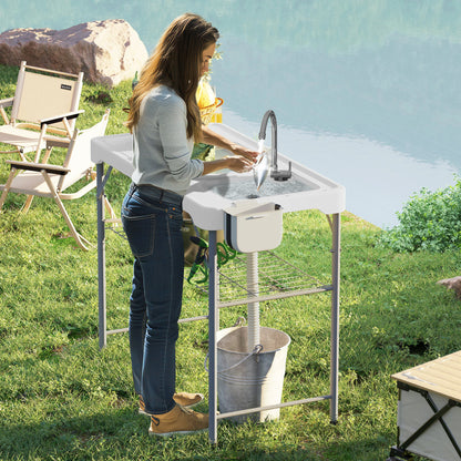 Portable Fish Cleaning Table Folding Camping Table with 2 Sinks Drainage Hose Cleaning Station and Faucet for Fishing BBQ 108x58x92 cm White