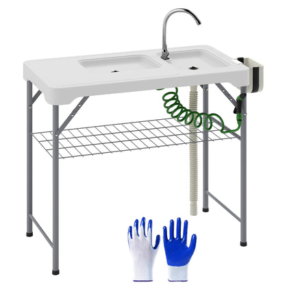 Portable Fish Cleaning Table Folding Camping Table with 2 Sinks Drainage Hose Cleaning Station and Faucet for Fishing BBQ 108x58x92 cm White