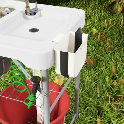 Portable Fish Cleaning Table Folding Camping Table with 2 Sinks Drainage Hose Cleaning Station and Faucet for Fishing BBQ 108x58x92 cm White