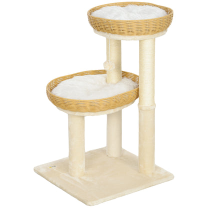 Cat Tree, Climbing Tree, 75.5 cm Height, with Two Rattan Cat Beds, Scratching Posts, Washable Cushions, Toy Ball, Beige