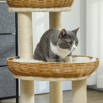 Cat Tree, Climbing Tree, 75.5 cm Height, with Two Rattan Cat Beds, Scratching Posts, Washable Cushions, Toy Ball, Beige