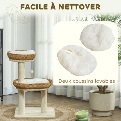 Cat Tree, Climbing Tree, 75.5 cm Height, with Two Rattan Cat Beds, Scratching Posts, Washable Cushions, Toy Ball, Beige
