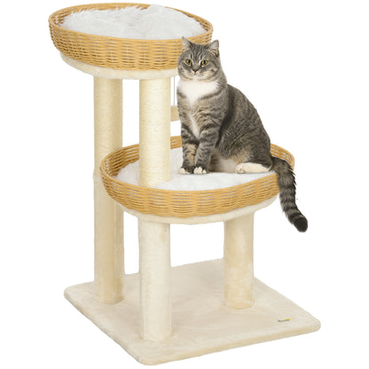 Cat Tree, Climbing Tree, 75.5 cm Height, with Two Rattan Cat Beds, Scratching Posts, Washable Cushions, Toy Ball, Beige