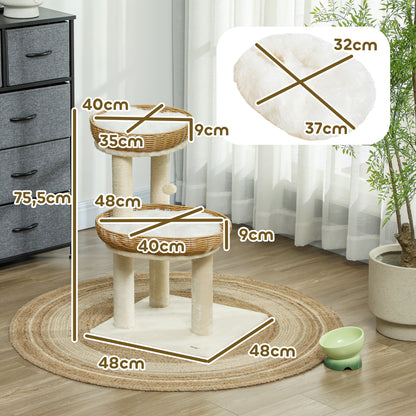 Cat Tree, Climbing Tree, 75.5 cm Height, with Two Rattan Cat Beds, Scratching Posts, Washable Cushions, Toy Ball, Beige