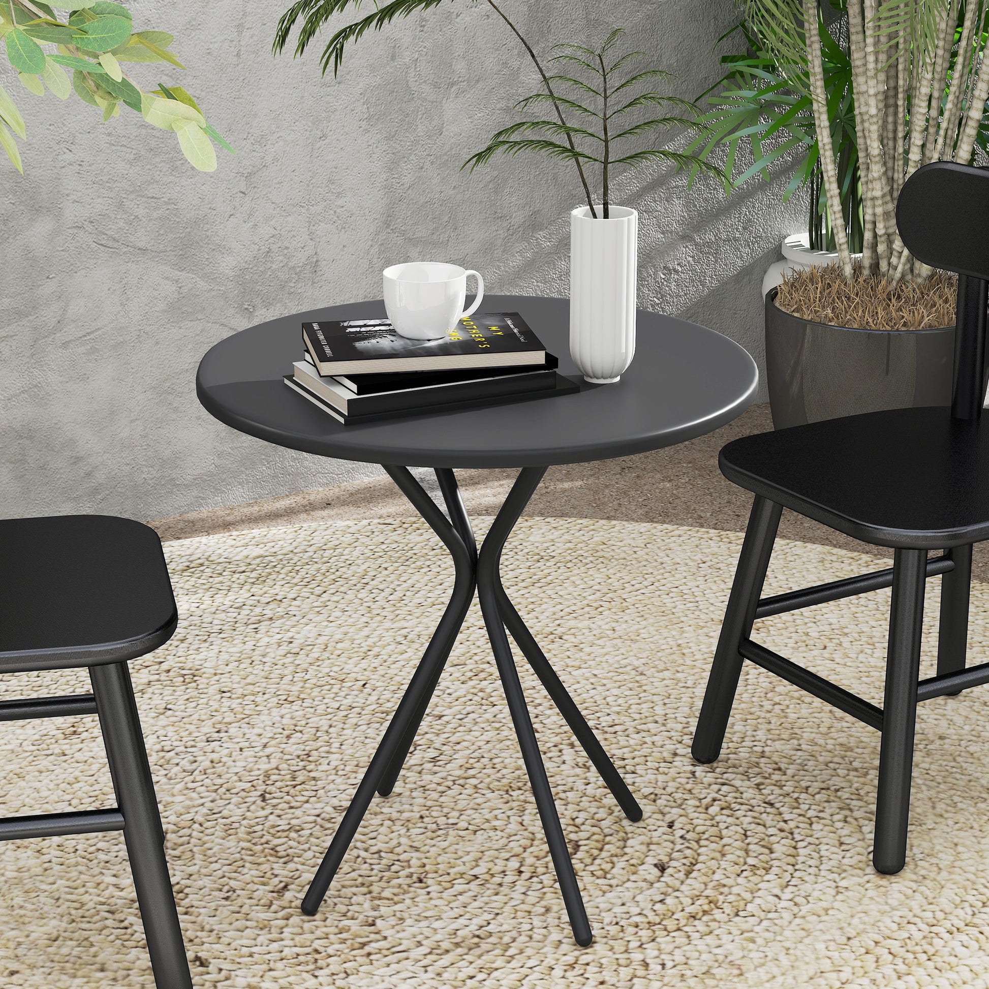 Patio Table Ø60 x 70 cm, Weatherproof Steel Balcony Table, Round Dining Table with Foot Pads Outdoor Camping Table Side Table, Patio Table for Garden Terrace Balcony Black