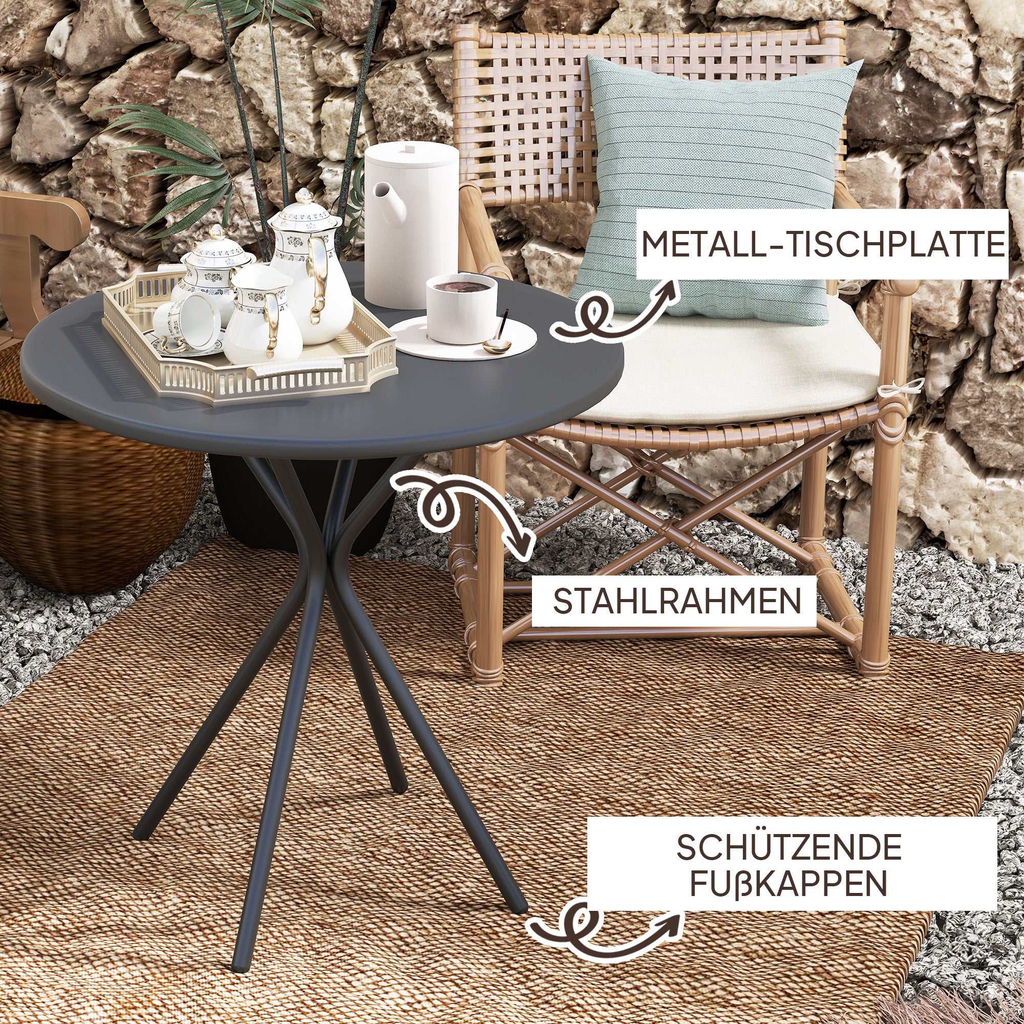 Patio Table Ø60 x 70 cm, Weatherproof Steel Balcony Table, Round Dining Table with Foot Pads Outdoor Camping Table Side Table, Patio Table for Garden Terrace Balcony Black
