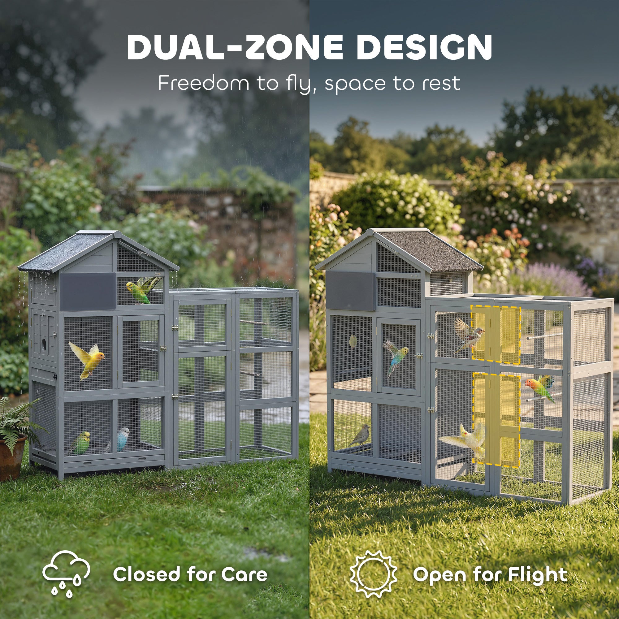 Wooden Bird Aviary with Extension — 6 Perches, 7 Doors, Storage Compartment, Pull-Out Drawer, Stainless Bowls for Finches & Budgies, Gray — 196 x 60 x 164.5 cm (77.2 x 23.6 x 64.8 in)