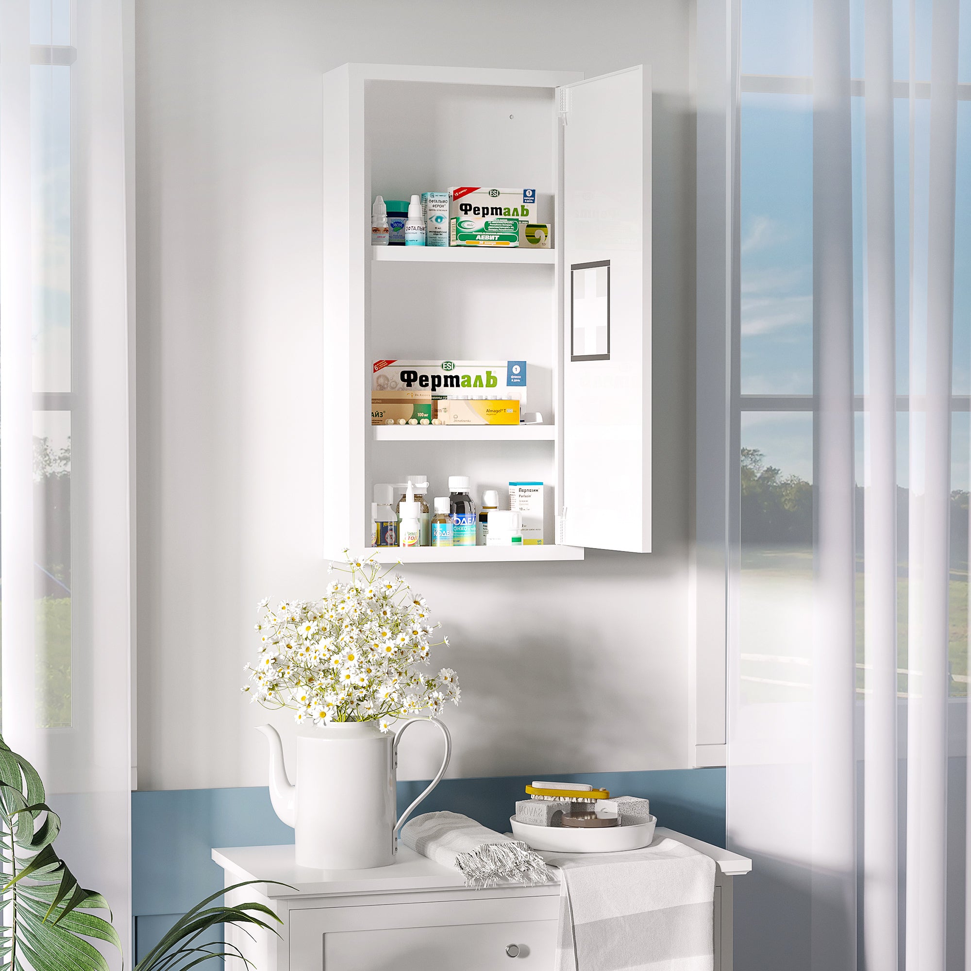 Medicine Cabinet, First Aid Cabinet, Pharmacy Cabinet with 3 Interior Compartments, Medicine Cabinet with Magnetic Closure, Medication Cabinet with Handle, Steel, White, 30 x 12 x 60 cm