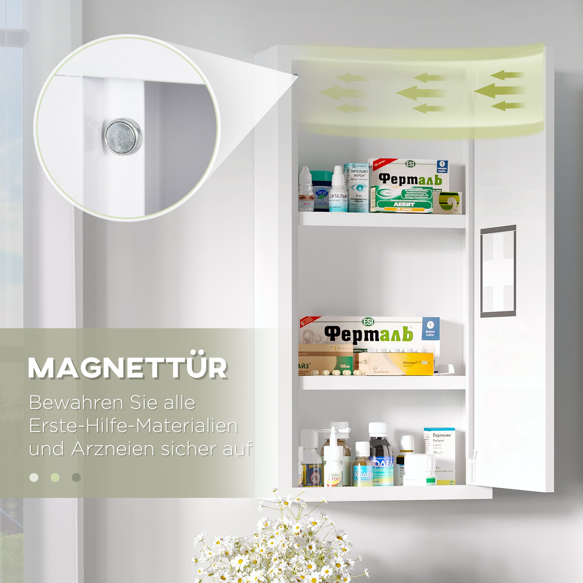 Medicine Cabinet, First Aid Cabinet, Pharmacy Cabinet with 3 Interior Compartments, Medicine Cabinet with Magnetic Closure, Medication Cabinet with Handle, Steel, White, 30 x 12 x 60 cm