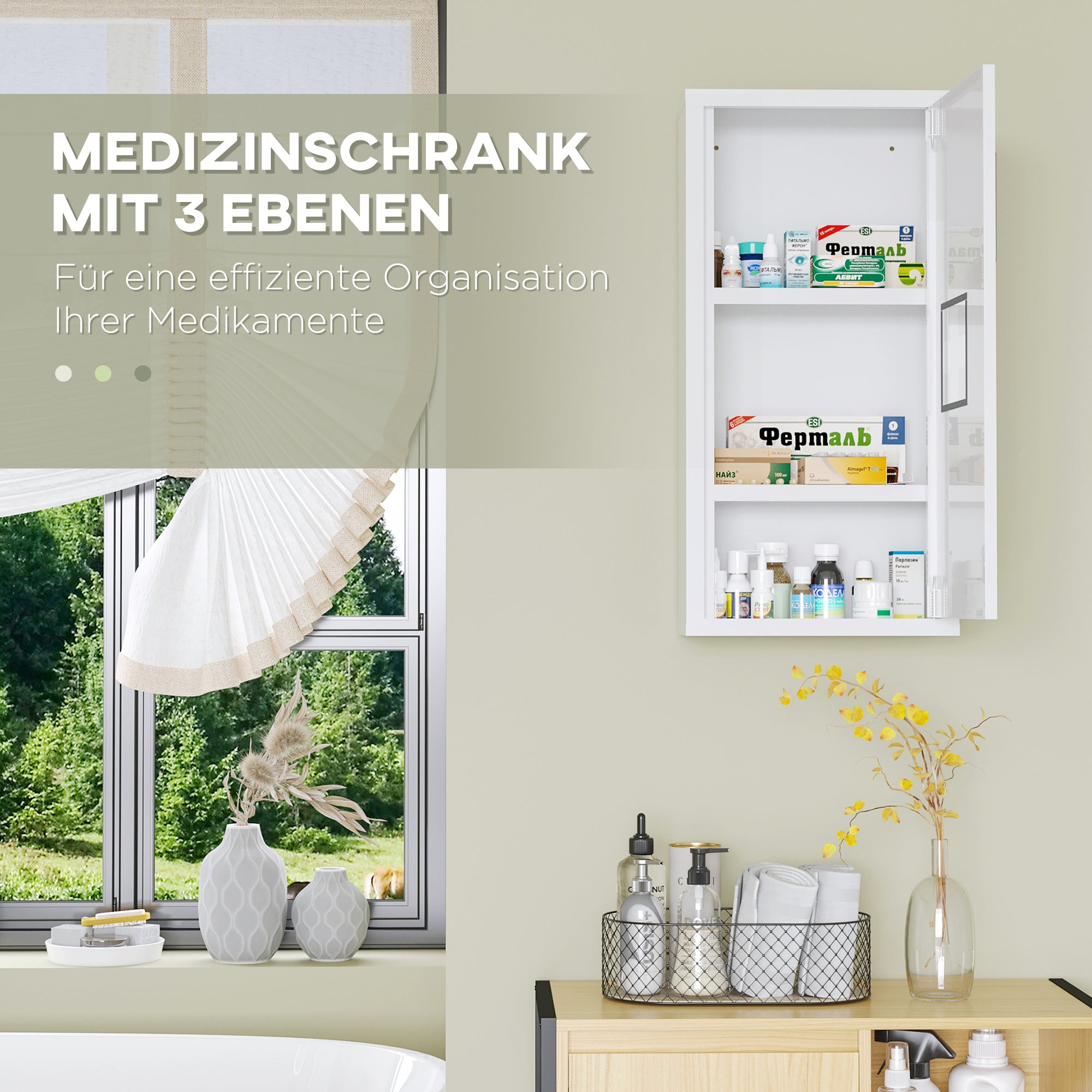 Medicine Cabinet, First Aid Cabinet, Pharmacy Cabinet with 3 Interior Compartments, Medicine Cabinet with Magnetic Closure, Medication Cabinet with Handle, Steel, White, 30 x 12 x 60 cm