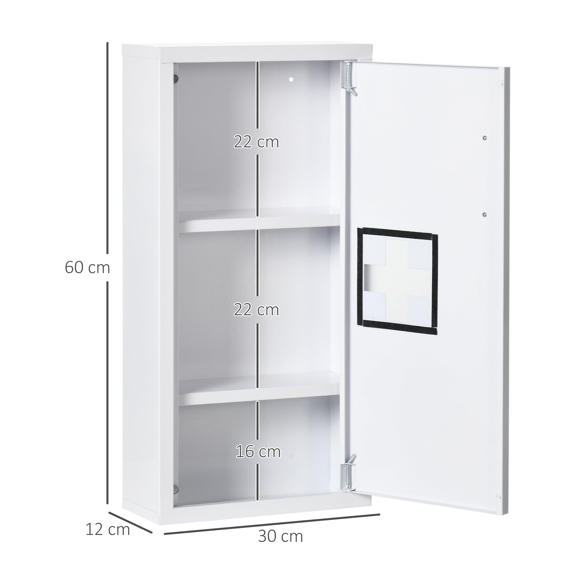 Medicine Cabinet, First Aid Cabinet, Pharmacy Cabinet with 3 Interior Compartments, Medicine Cabinet with Magnetic Closure, Medication Cabinet with Handle, Steel, White, 30 x 12 x 60 cm
