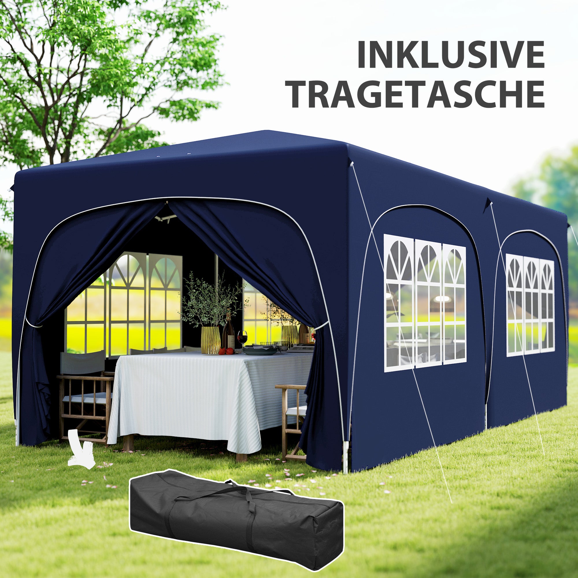 Pavilion approx. 3x6m, water-repellent Sturdy Winterproof Pop-up Folding Pavilion, UV Protection 50+, Foldable Party Tent Garden Tent with 6 Side Panels Bag Garden Pavilion for Camping Garden, Dark Blue