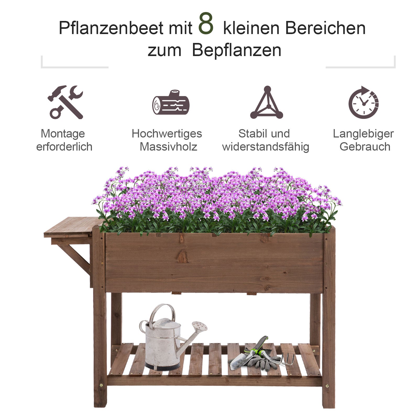 Raised Garden Bed Plant Box with 8 Divided Grids Folding Shelf Planter Flower Pot Herb Bed Solid Wood Brown 123 x 54 x 80 cm