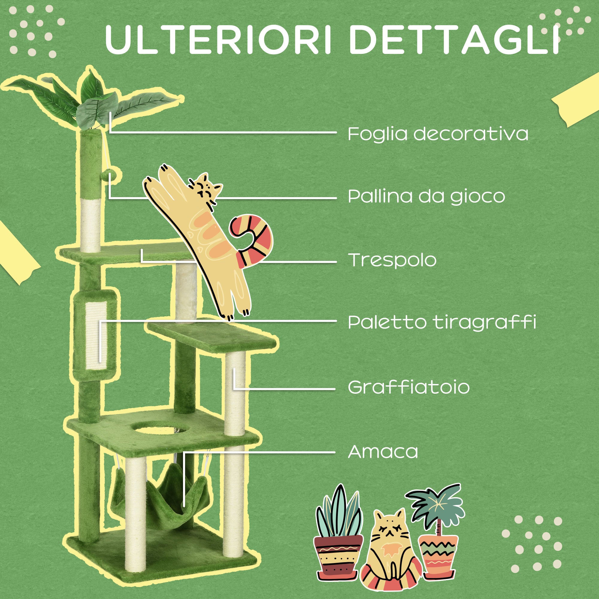 Cat Scratching Post 142cm, Cat Tree with Hammock, Ball Toy, Sisal Scratching Posts, and Anti-toppling System, Green
