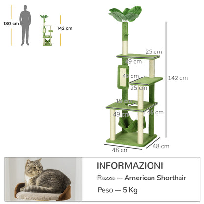Cat Scratching Post 142cm, Cat Tree with Hammock, Ball Toy, Sisal Scratching Posts, and Anti-toppling System, Green