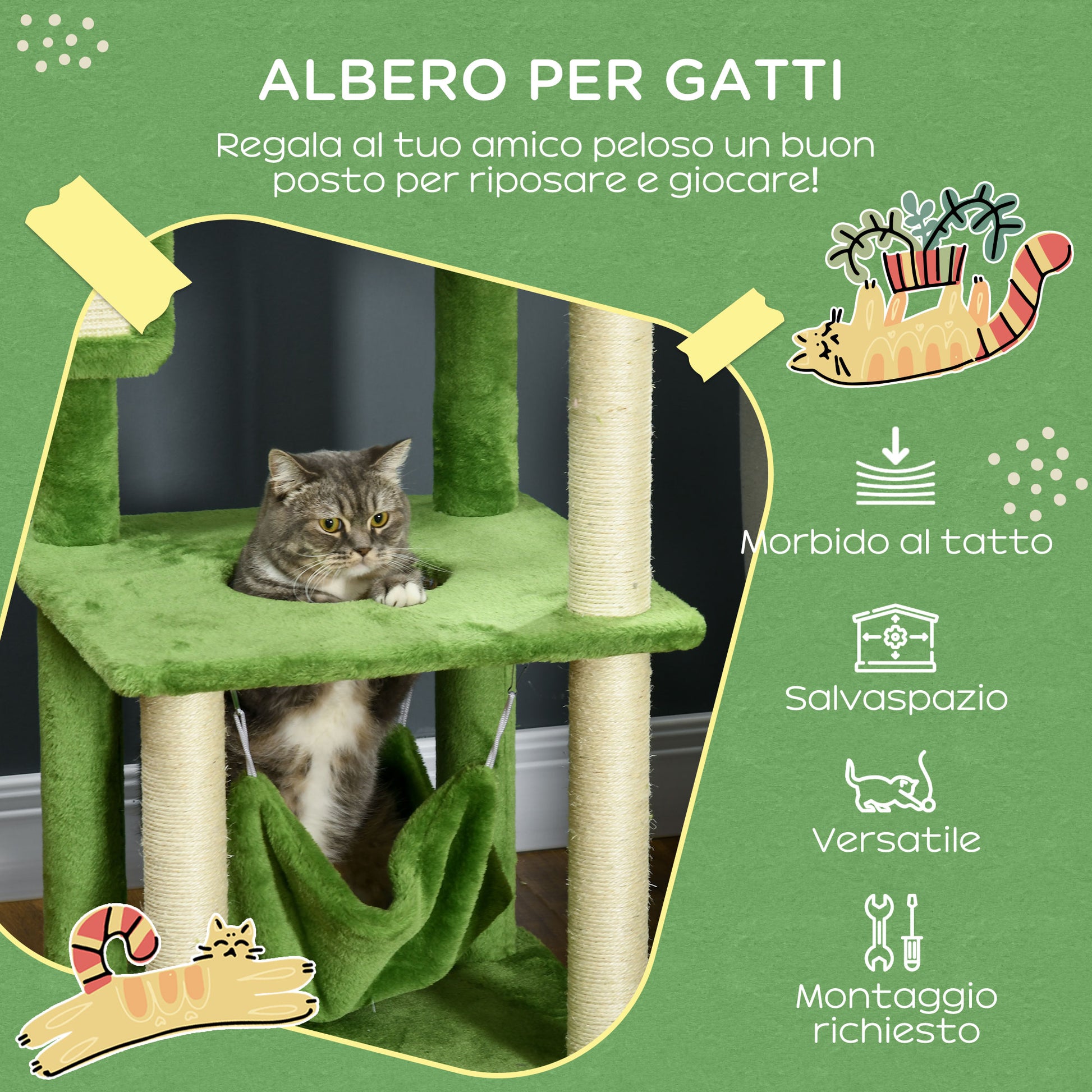 Cat Scratching Post 142cm, Cat Tree with Hammock, Ball Toy, Sisal Scratching Posts, and Anti-toppling System, Green