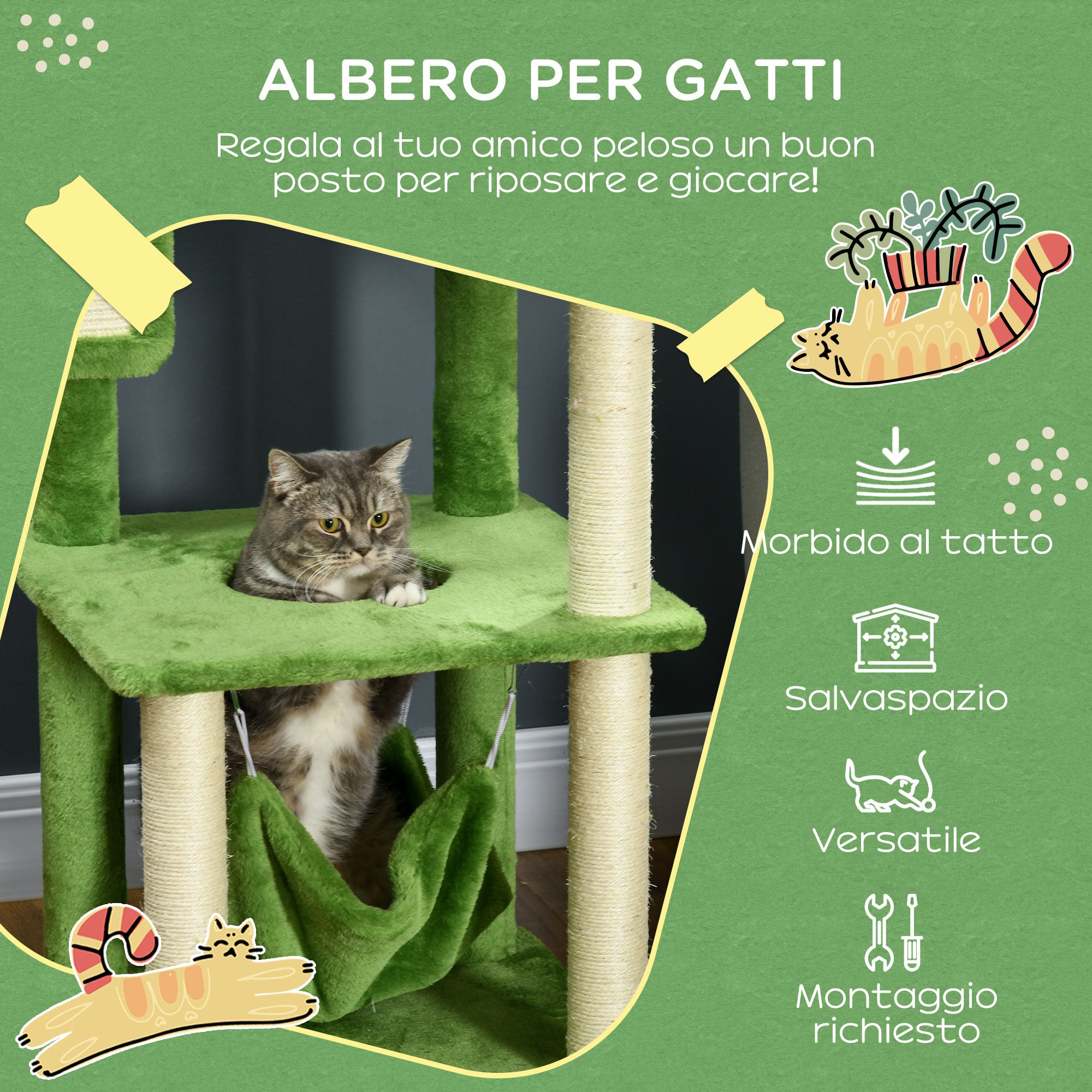Cat Scratching Post 142cm, Cat Tree with Hammock, Ball Toy, Sisal Scratching Posts, and Anti-toppling System, Green