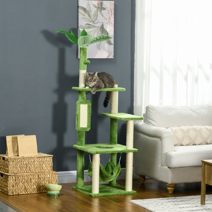Cat Scratching Post 142cm, Cat Tree with Hammock, Ball Toy, Sisal Scratching Posts, and Anti-toppling System, Green