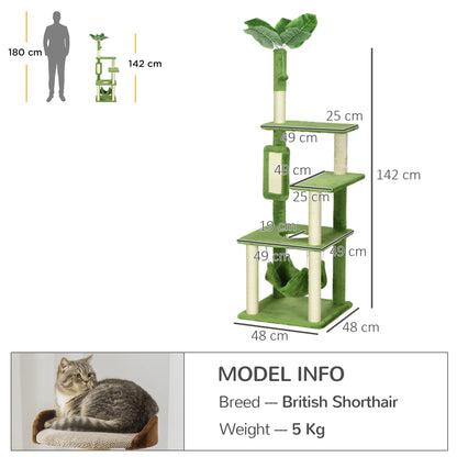 Cat Scratching Post 142cm, Cat Tree with Hammock, Ball Toy, Sisal Scratching Posts, and Anti-toppling System, Green