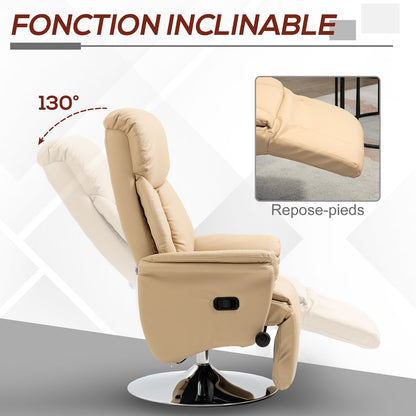 Relaxation Armchair, Reclining Salon Chair with Swivel, Adjustable Footrest, Armrests, TV Chair in Synthetic Leather, up to 150 kg, for living room, bedroom, home cinema, beige