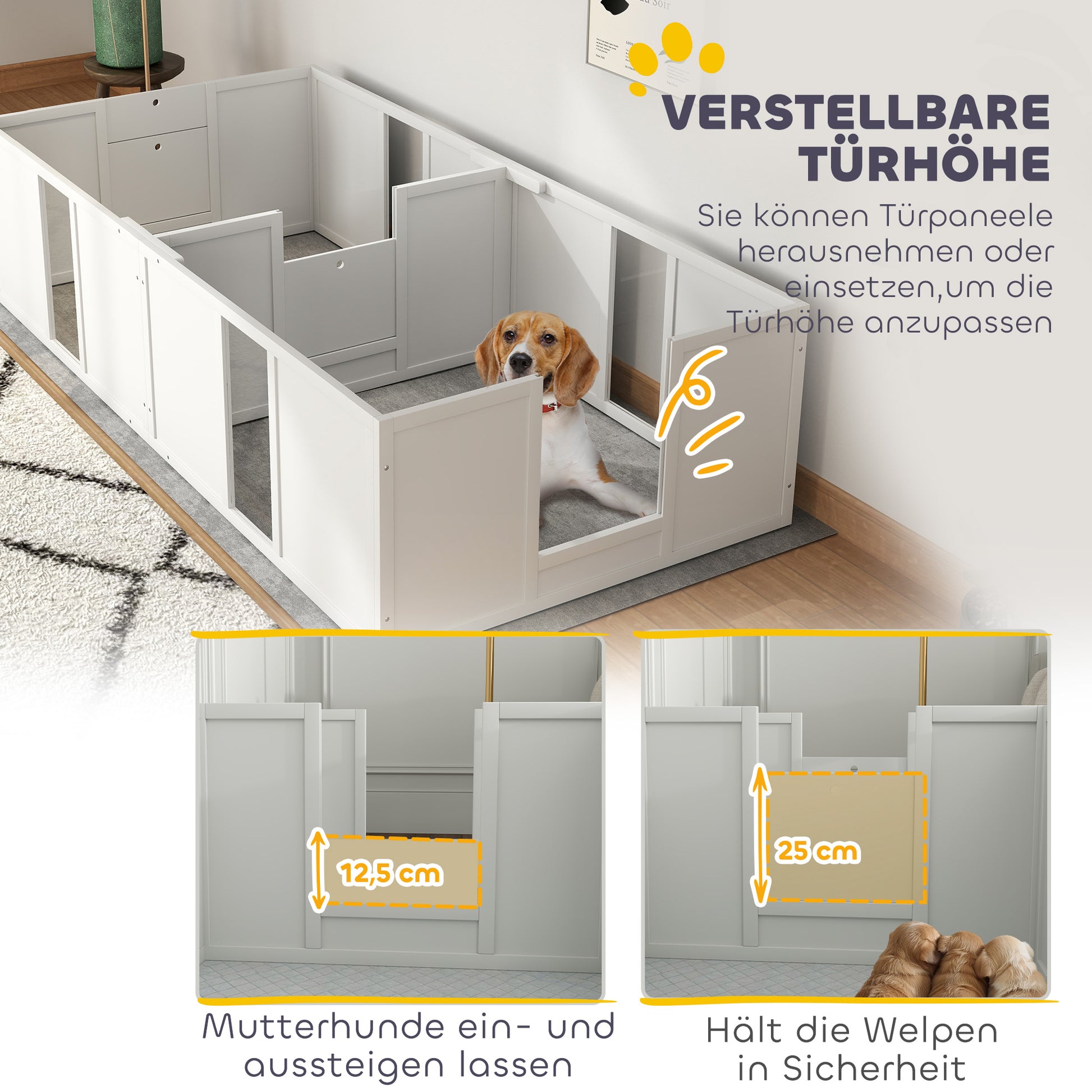 Puppy Whelping Box, Puppy Playpen, Puppy Pen with Non-Slip Floor Protection, Door, Wooden Whelping Box for Dogs, Playpen for Medium Dogs, 196 x 96 x 48 cm, White