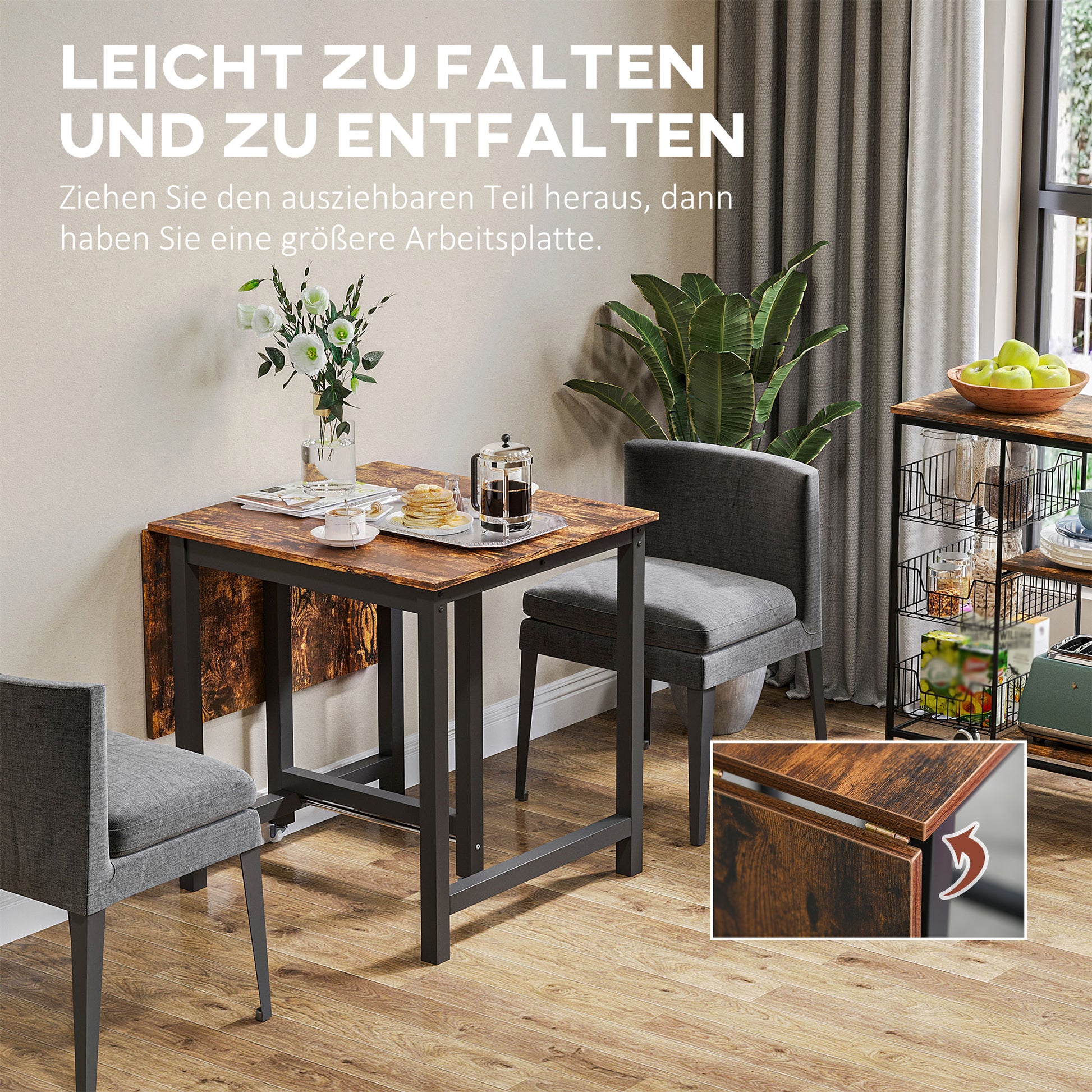 Extendable Folding Dining Table Rectangular Kitchen Table for 4-6 People with Casters, Dining Table made of Metal 118 x 70 x 76.5 cm Brown