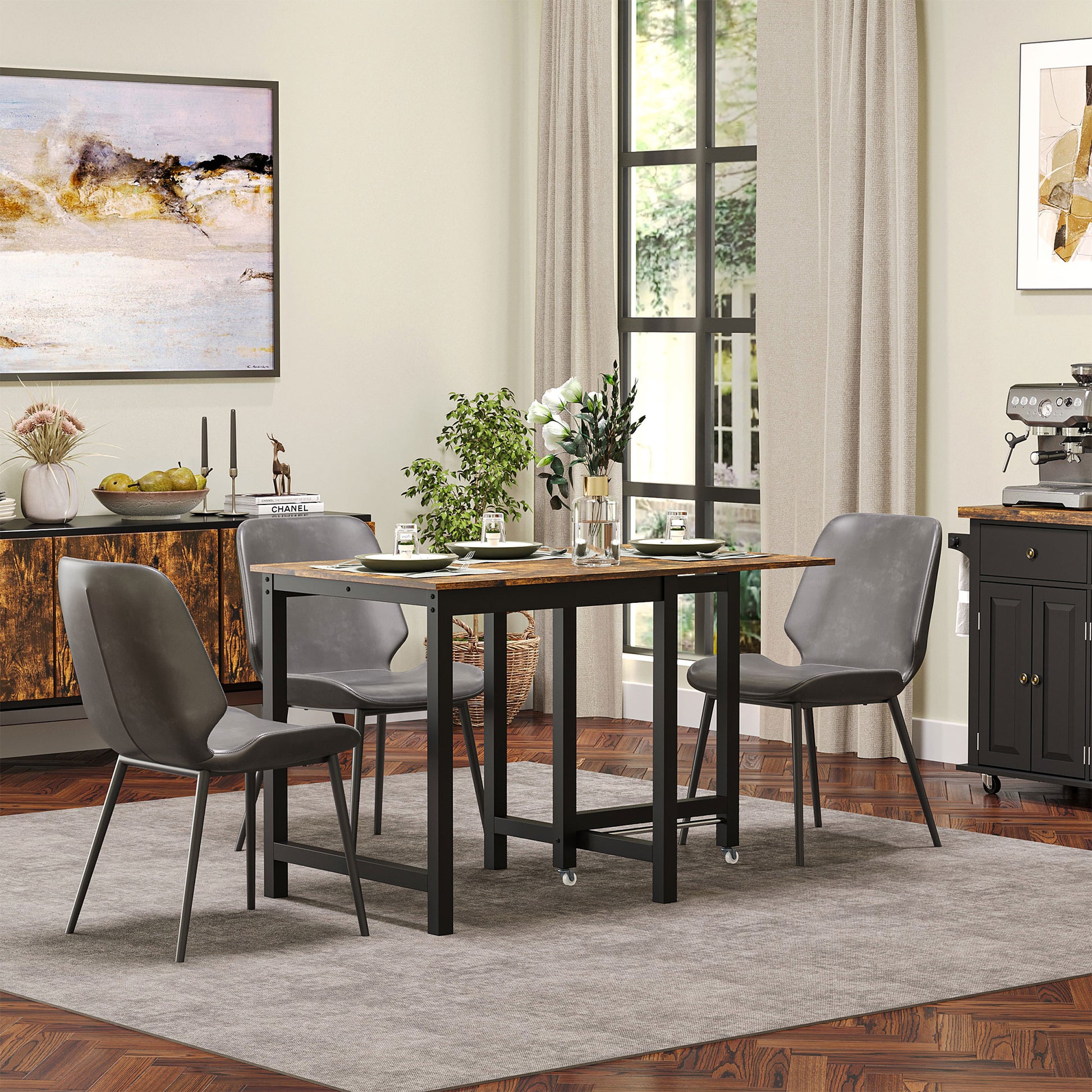 Extendable Folding Dining Table Rectangular Kitchen Table for 4-6 People with Casters, Dining Table made of Metal 118 x 70 x 76.5 cm Brown