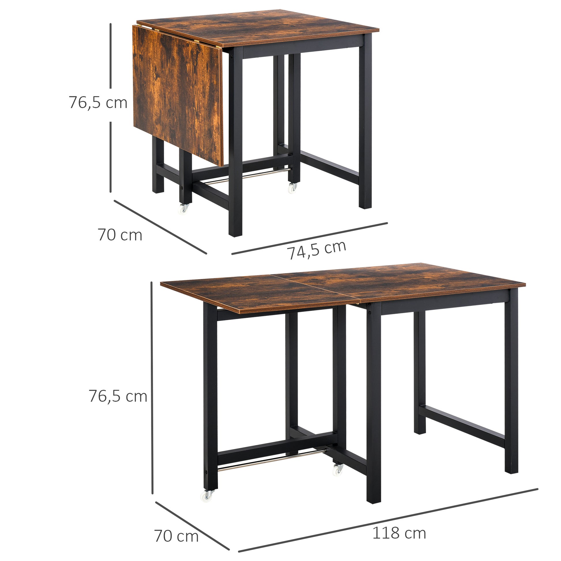 Extendable Folding Dining Table Rectangular Kitchen Table for 4-6 People with Casters, Dining Table made of Metal 118 x 70 x 76.5 cm Brown