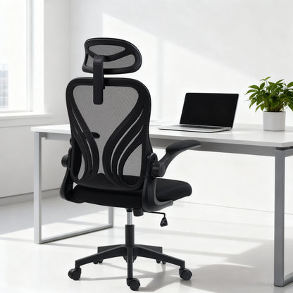 Ergonomic Office Chair, Mesh Desk Chair with Folding Back, 2D Adjustable Headrest, Flip-Up Armrests, Lumbar Support, Tilt & 360° Swivel — Light Gray