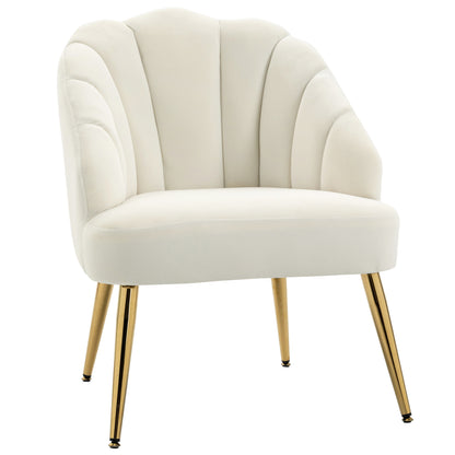 Upholstered Armchair with Shell-Shaped Backrest, Bedroom and Living Room Velvet Armchair with Golden Legs, for Bedroom and Living Room, Cream